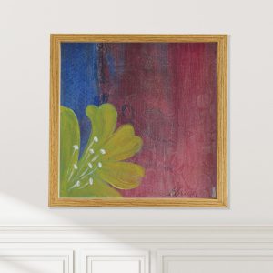 Flower abstracted floral art print on wall by Alice Arlene Briggs, simple beauty and hope in rich red blue and yellow, available framed or unframed