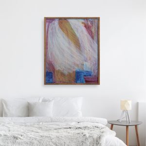 Guardian abstract figures art print by Alice Arlene Briggs in bedroom setting, angels are all around and here to help you in rich yellow and white, giclée on archival cotton paper