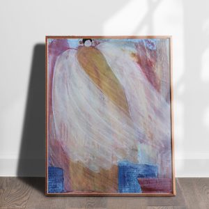 Guardian mixed media abstract figures art print by Alice Arlene Briggs shown on the floor, rich yellow and white on archival cotton paper