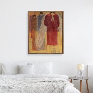 Guardians abstract figures art print by Alice Arlene Briggs in bedroom setting, angels are waiting to help you in rich yellow, red, giclée on archival cotton paper