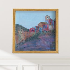 Hill Town abstracted landscape art print on wall by Alice Arlene Briggs, sanctuary of hope in blues browns and green, available framed or unframed