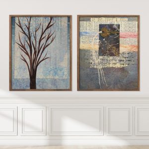 Hopeful Set of 2 abstract giclée prints mounted on wall by Alice Arlene Briggs, two blues-dominant mixed media pieces, available 8×10 to 18×24 unframed or framed in oak