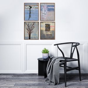 Hopeful Set of 4 large wall installation by Alice Arlene Briggs — four abstract prints in layered blues filling a living room wall with calm and intention, available in four sizes