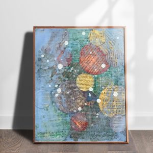 Joyful 2 contemporary abstract art print in room mockup available in multiple sizes by Alice Arlene Briggs