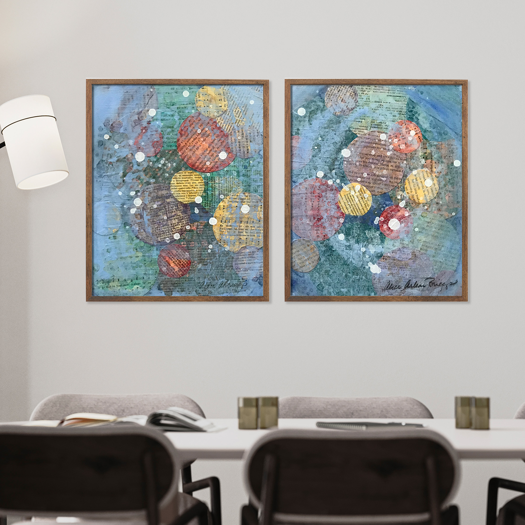 Joyful Pair contemporary abstract art prints in meeting room mockup available in multiple sizes by Alice Arlene Briggs