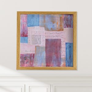 Latin A abstract collage art print on wall by Alice Arlene Briggs, contemplative sanctuary in blues and reds, available framed or unframed