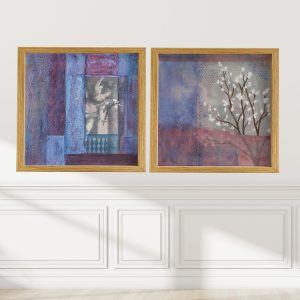 Rich Texture Pair wall display by Alice Arlene Briggs — two abstract mixed media prints in rich blues and reds with layered texture, peaceful and with something to look at again and again, framed or unframed