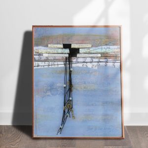 Scrolls mixed media embellished abstract art print by Alice Arlene Briggs shown on the floor, muted blues and creams on archival cotton paper