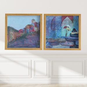 Serene Pair wall display — two abstract giclée prints in rich blues and reds by Alice Arlene Briggs, quietly powerful to establish serenity in your home or office, archival cotton paper in square formats
