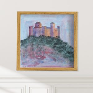 Spoleto abstracted landscape art print on wall by Alice Arlene Briggs, enchanted sanctuary in greens pinks and blue, available framed or unframed
