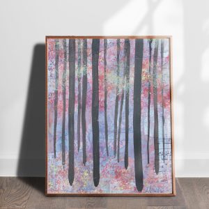 Trees mixed media abstracted landscape art print by Alice Arlene Briggs shown on the floor, rich purple on archival cotton paper