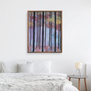 Trees 2 abstracted landscape art print by Alice Arlene Briggs in bedroom setting, hope and joyful adventure through the trees in rich purple, red, and yellow, giclée on archival cotton paper