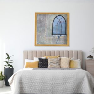 Window Scroll abstracted art print by Alice Arlene Briggs in bedroom setting, hopeful mixed media embellished composition in warm neutrals with blue, giclée on archival cotton paper