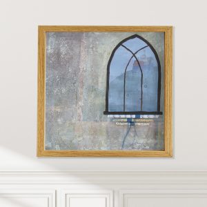 Window Scroll abstracted art print mounted on wall by Alice Arlene Briggs, embellished mixed media in warm neutrals with blue, available framed or unframed