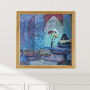 Yarrow abstracted floral art print mounted on wall by Alice Arlene Briggs, serene mixed media composition in rich blues with red and yellow, available framed or unframed