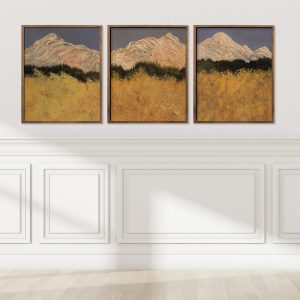 Yellow Aspen Trio mounted on wall by Alice Arlene Briggs, three contemporary abstracted landscape prints in rich yellow with blue and white, archival giclée, framed in premium oak or unframed